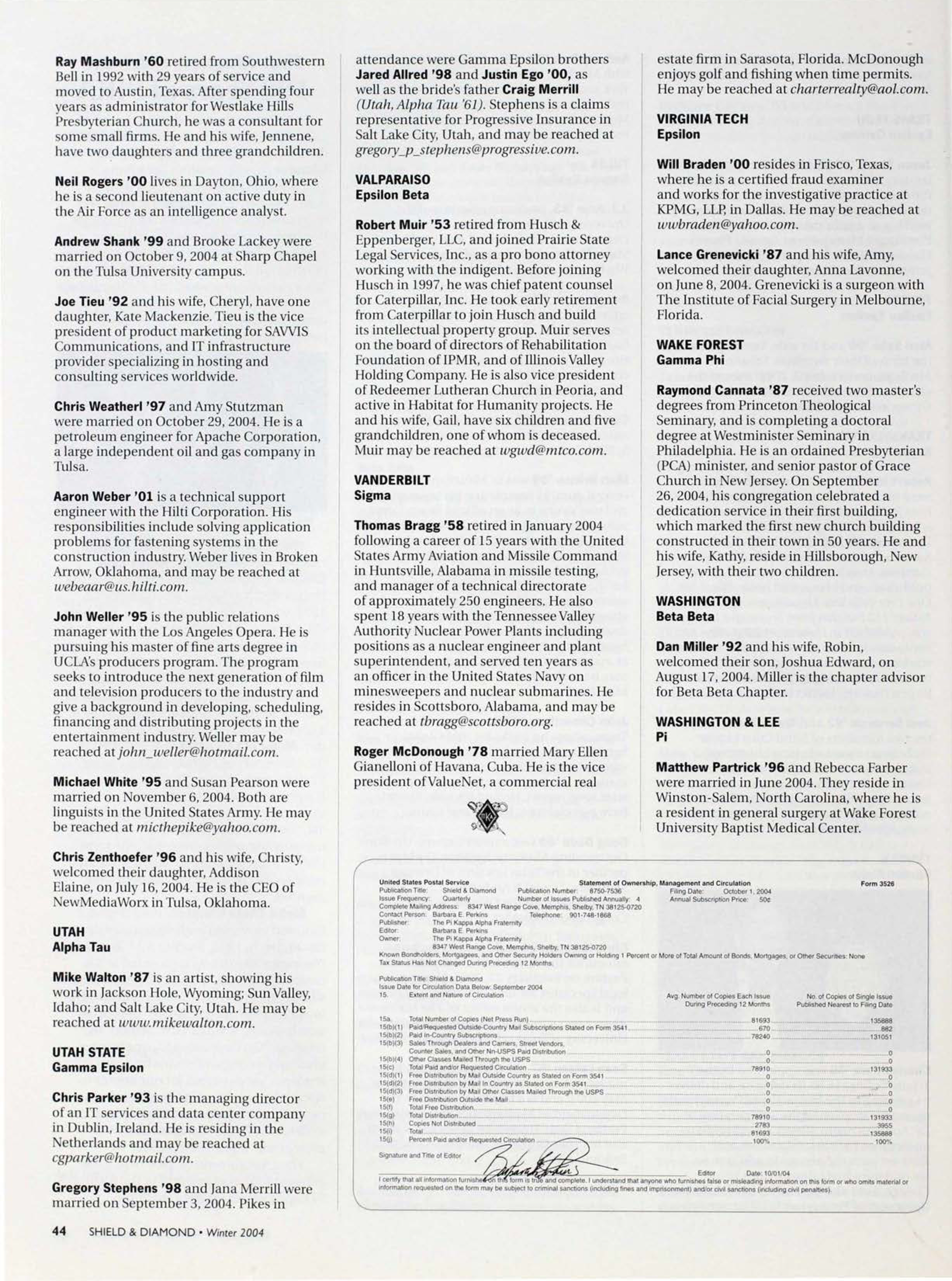 Statement Of Ownership, Management And Circulation Form, Winter 2004